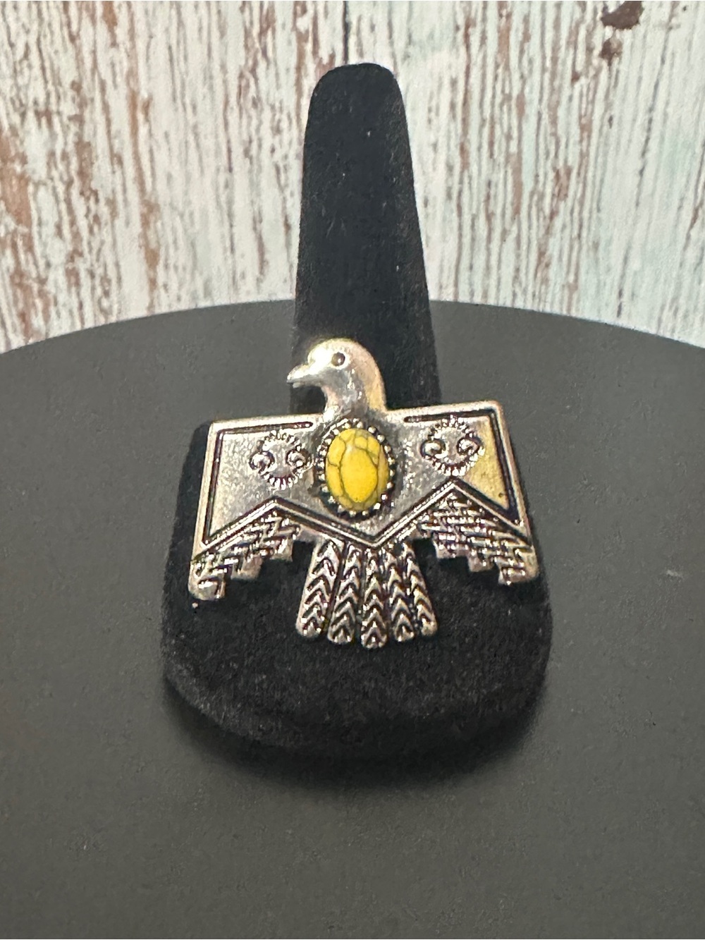 Adjustable Silver Tone Thunderbird Ring with Yellow Stone Accent